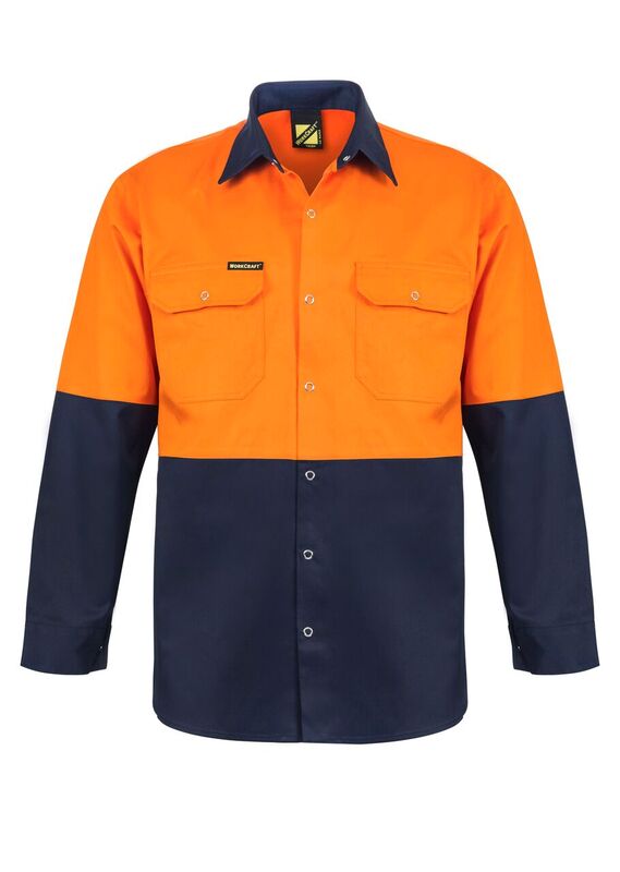 HI VIS LONG SLEEVE COTTON DRILL INDUSTRIAL LAUNDRY SHIRT WITH PRESS STUDS