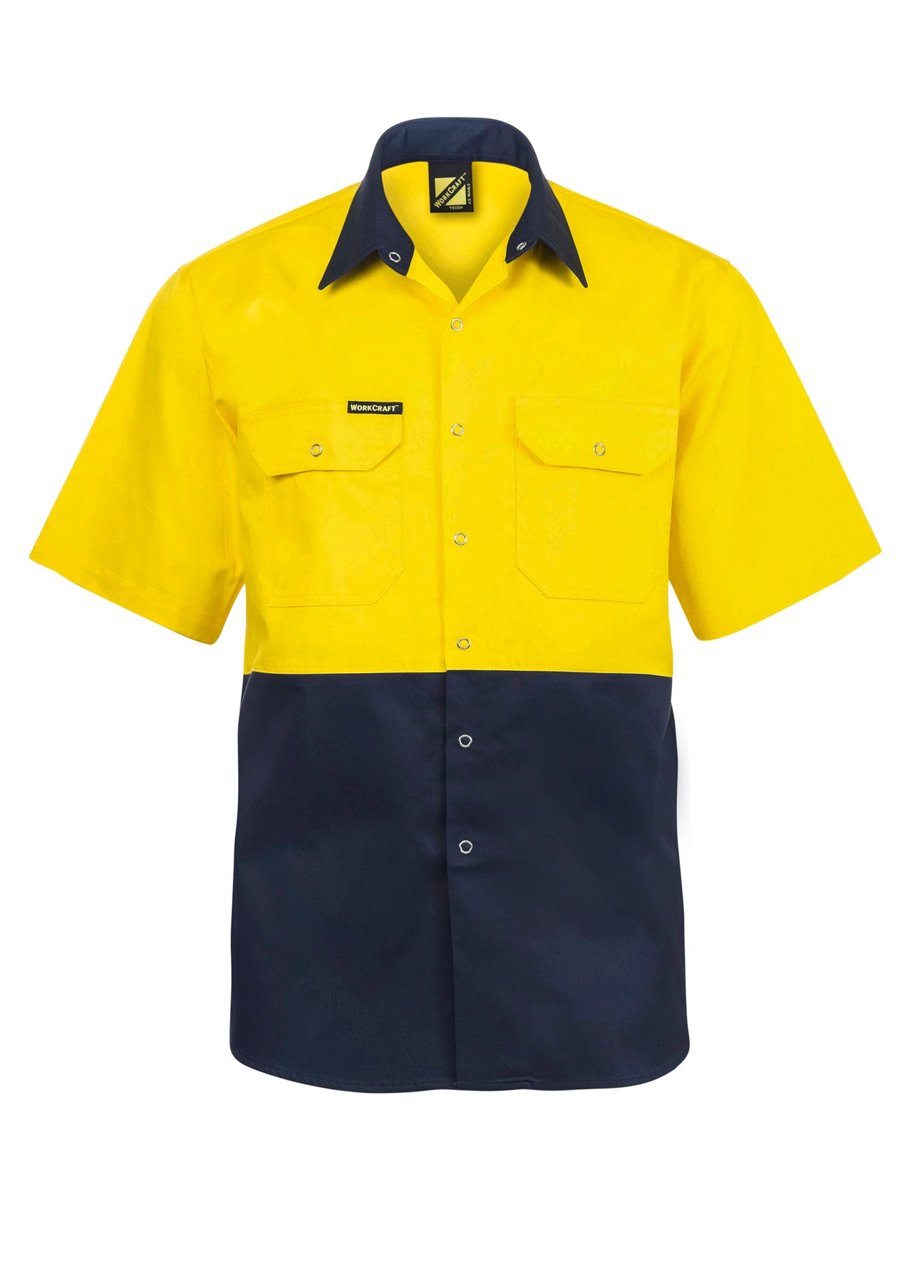 HI VIS SHORT SLEEVE COTTON DRILL INDUSTRIAL LAUNDRY SHIRT WITH PRESS STUDS