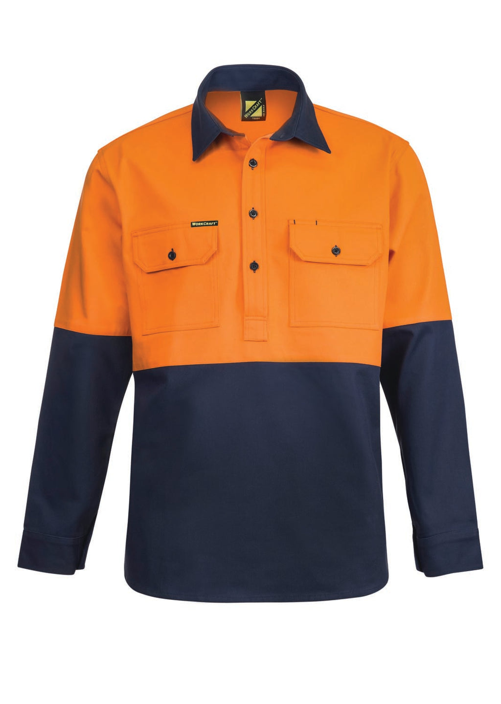 HEAVY DUTY HYBRID HI VIS CLOSED FRONT COTTON DRILL SHIRT WITH GUSSET SLEEVES