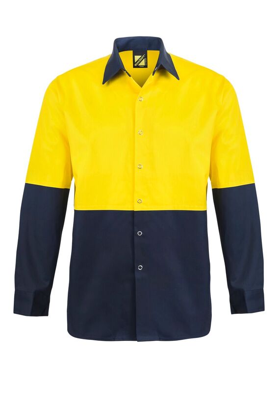 HI VIS LONG SLEEVE COTTON DRILL FOOD INDUSTRY SHIRT WITH PRESS STUDS AND SPARE POCKETS