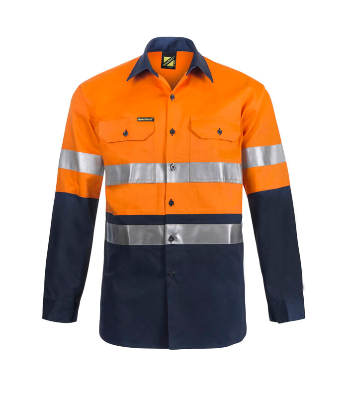 HI VIS LONG SLEEVE COTTON DRILL INDUSTRIAL LAUNDRY REFLECTIVE SHIRT