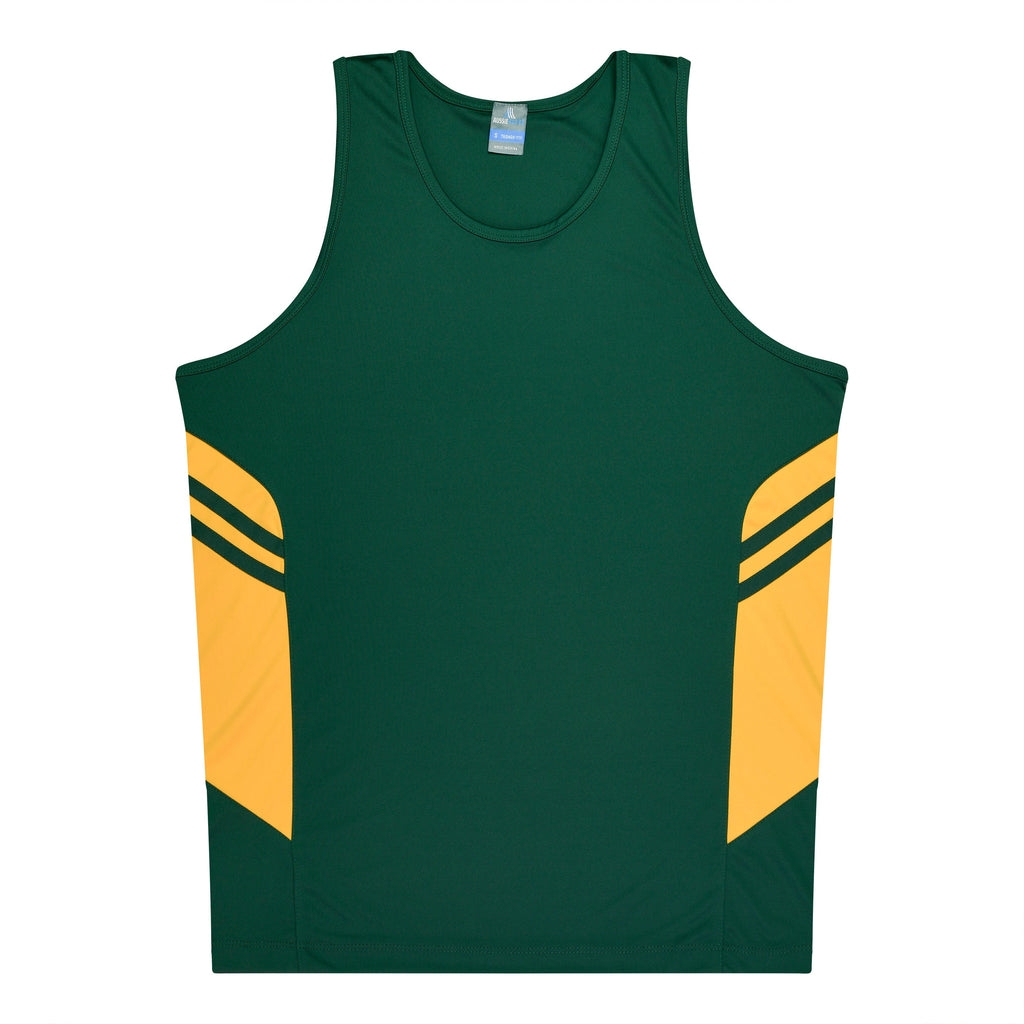 TASMAN MENS SINGLETS - BOTTLE/GOLD