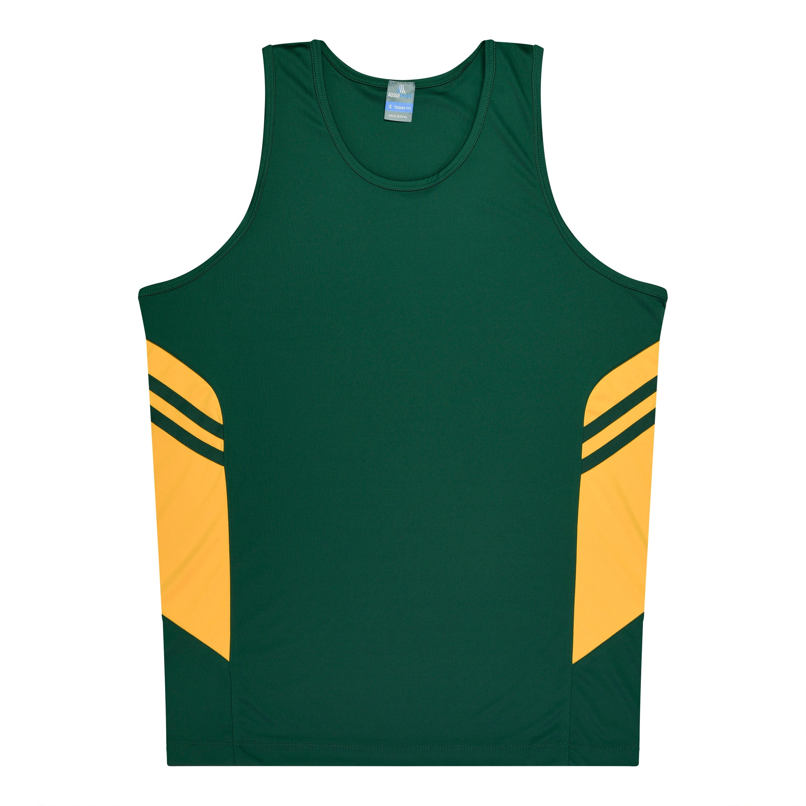TASMAN MENS SINGLETS - BOTTLE/GOLD