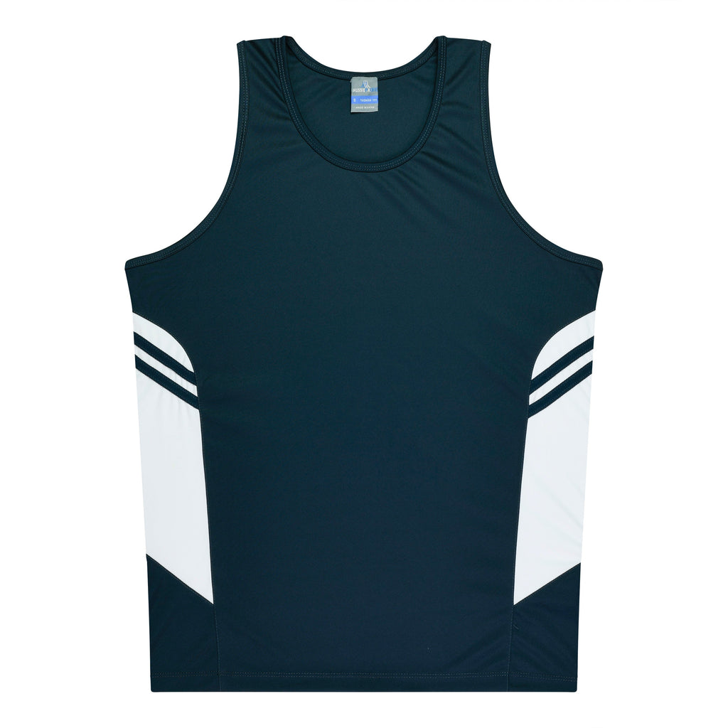 TASMAN MENS SINGLETS - NAVY/WHITE