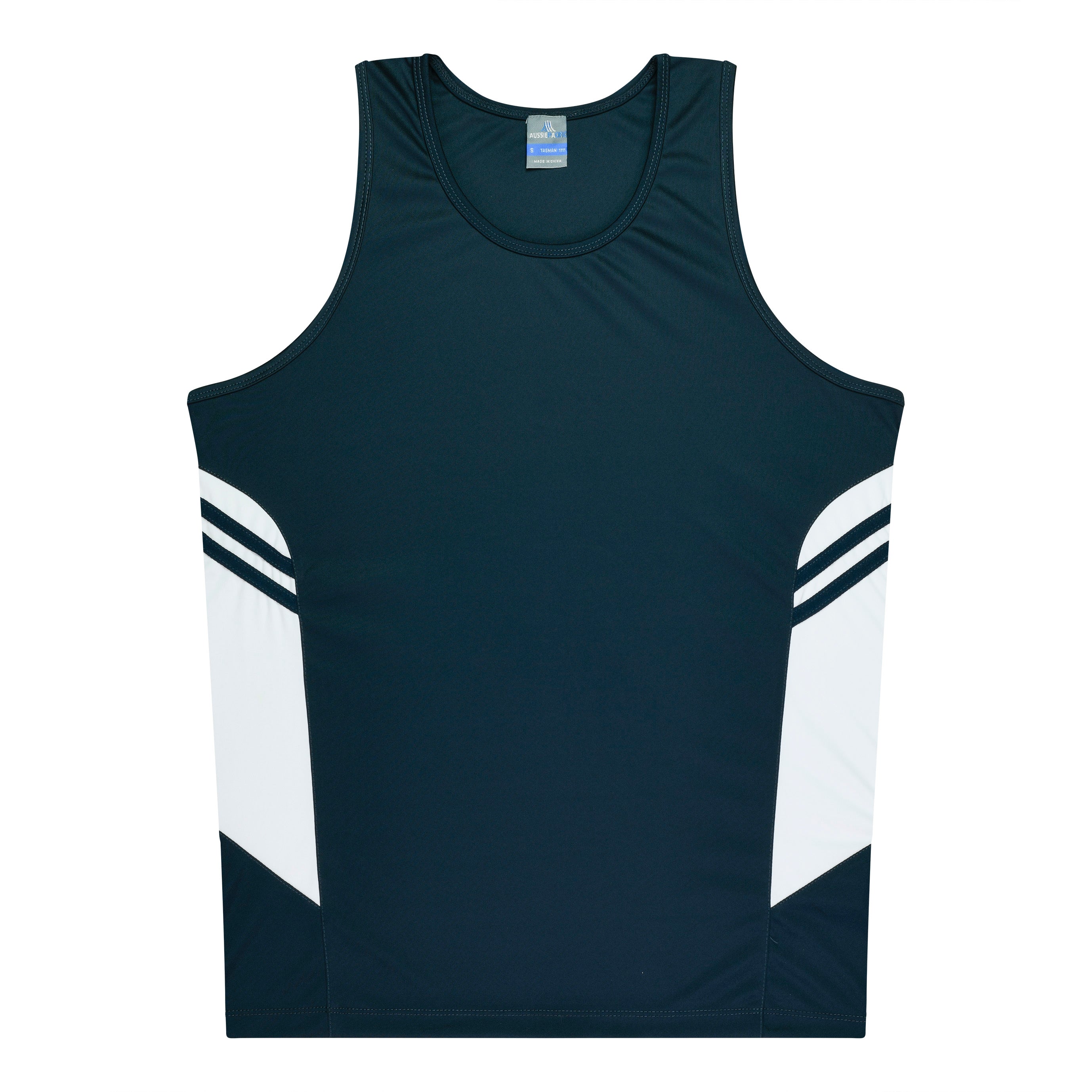 TASMAN MENS SINGLETS - NAVY/WHITE