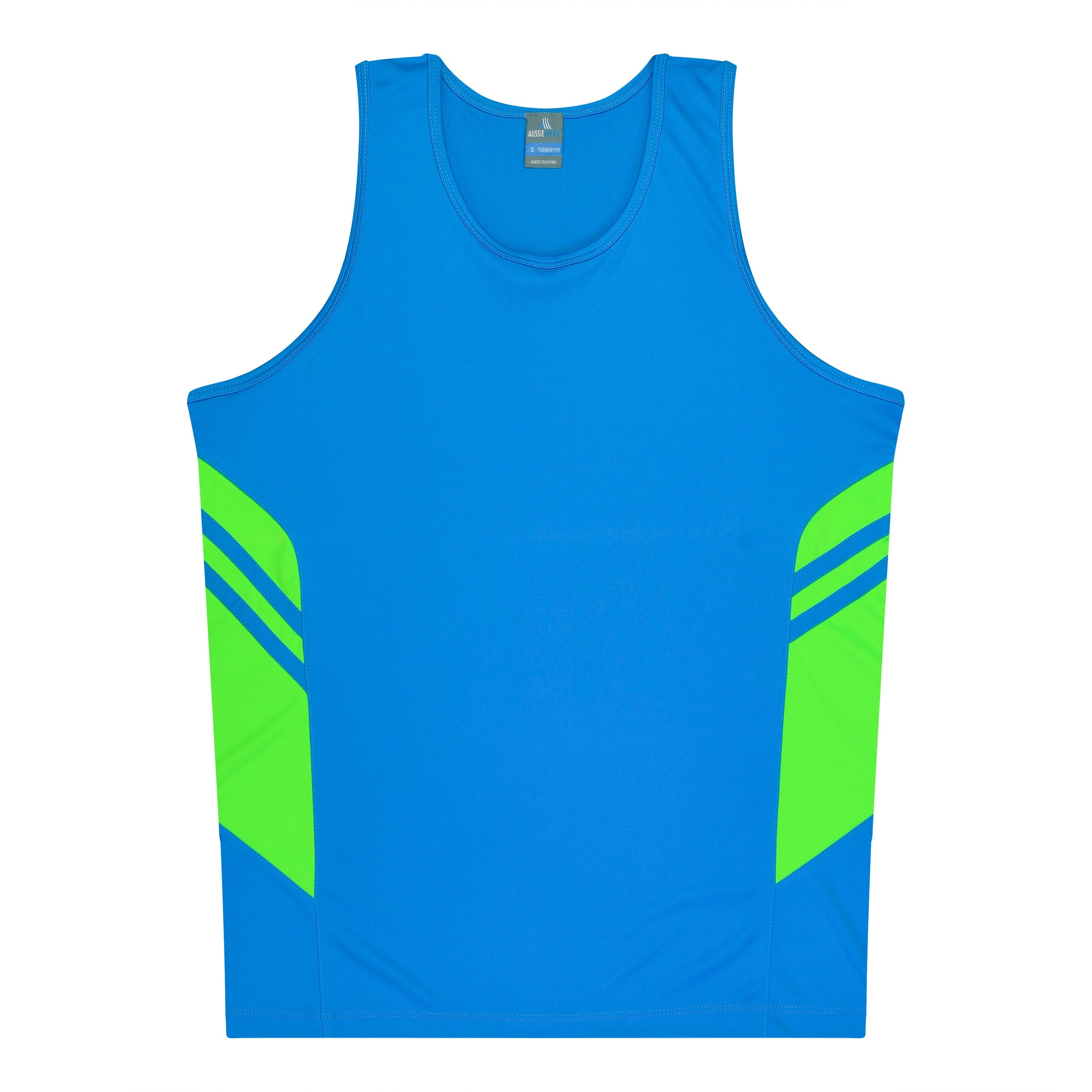 TASMAN MENS SINGLETS - CYAN/NEON GREEN