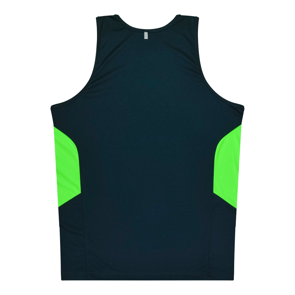 TASMAN MENS SINGLETS - NAVY/NEON GREEN