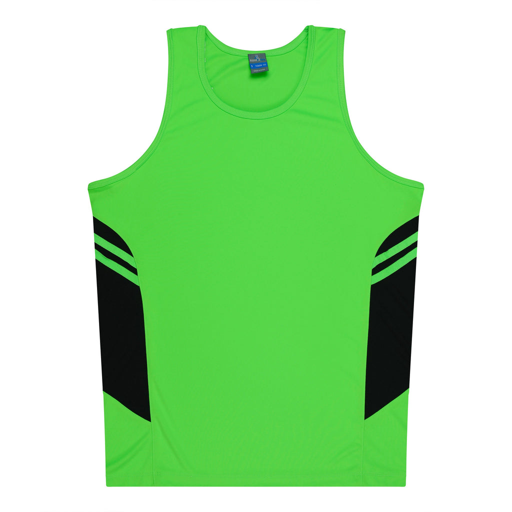 TASMAN MENS SINGLETS - NEON GREEN/BLACK