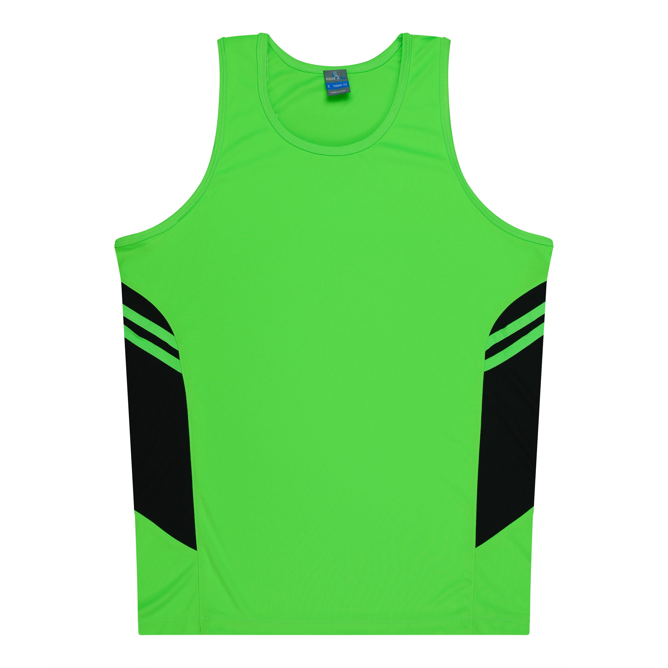 TASMAN MENS SINGLETS - NEON GREEN/BLACK
