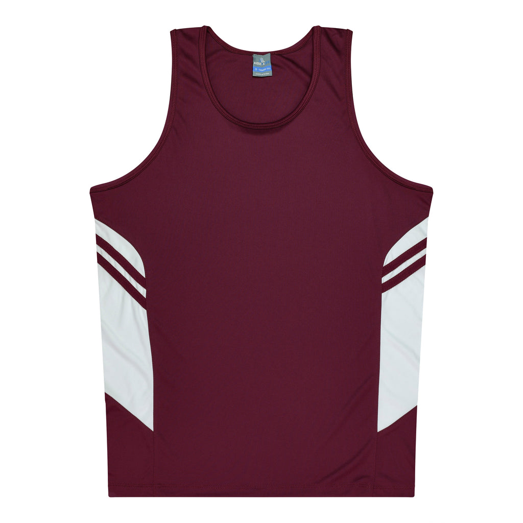 TASMAN MENS SINGLETS - MAROON/WHITE