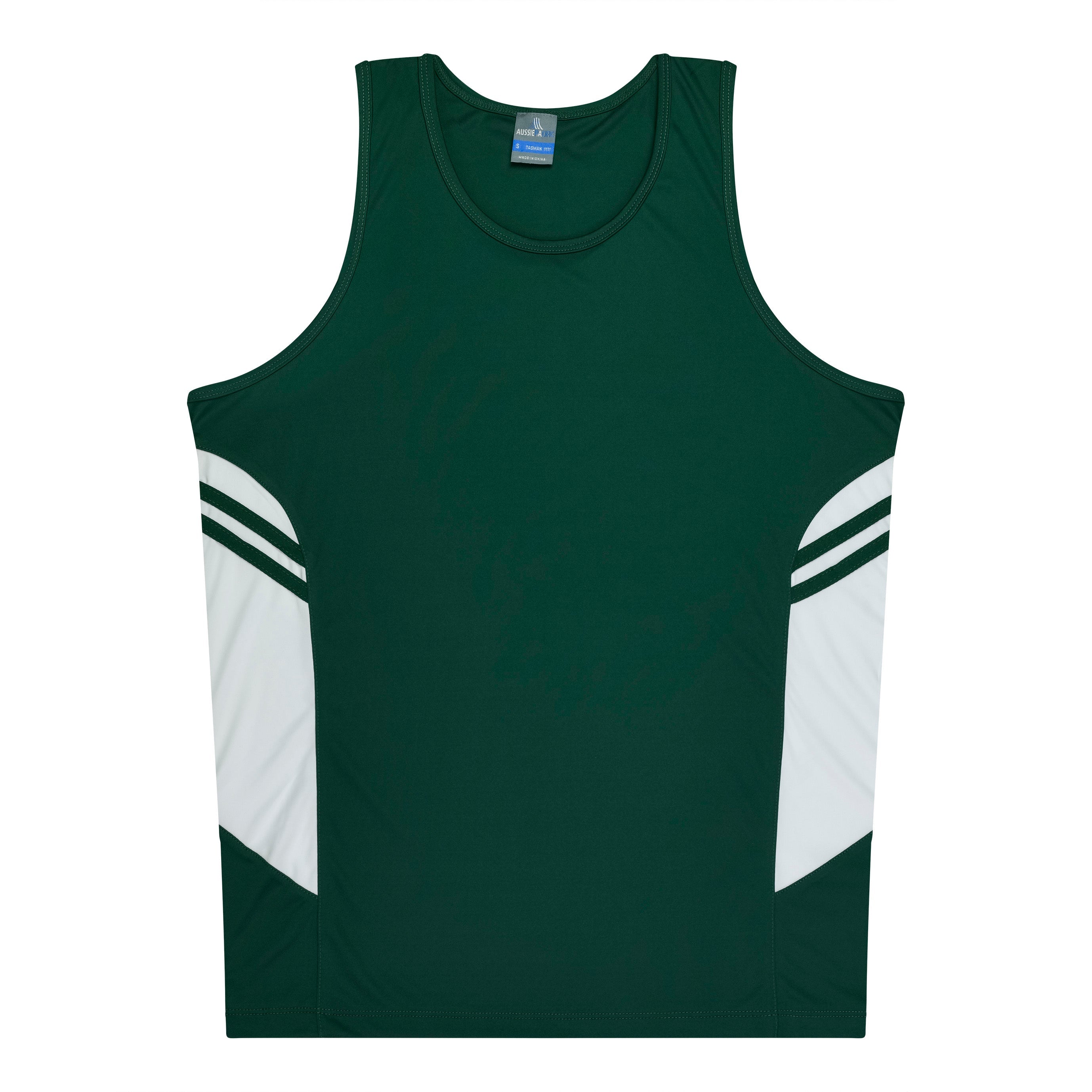 TASMAN MENS SINGLETS - BOTTLE/WHITE