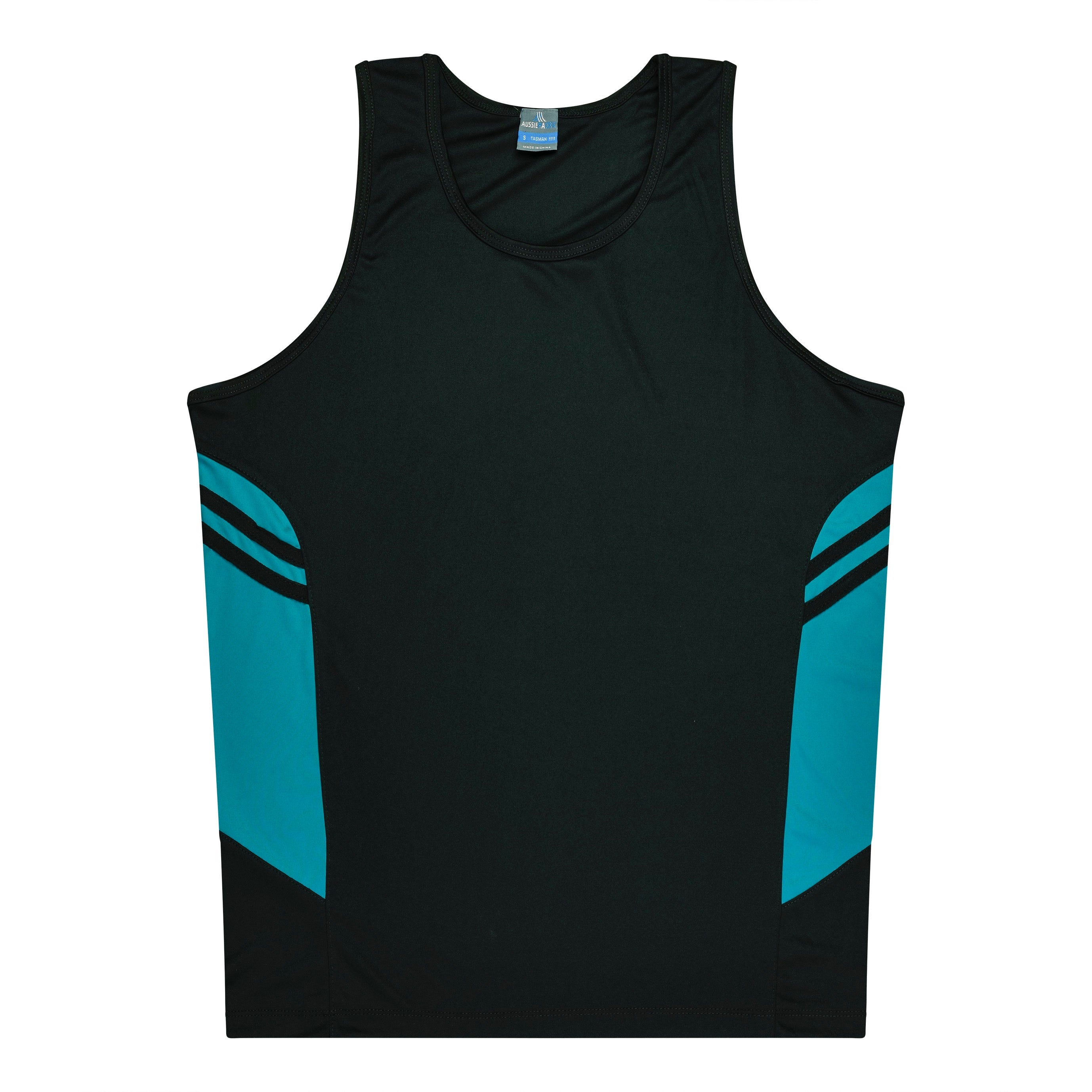 TASMAN MENS SINGLETS - BLACK/TEAL