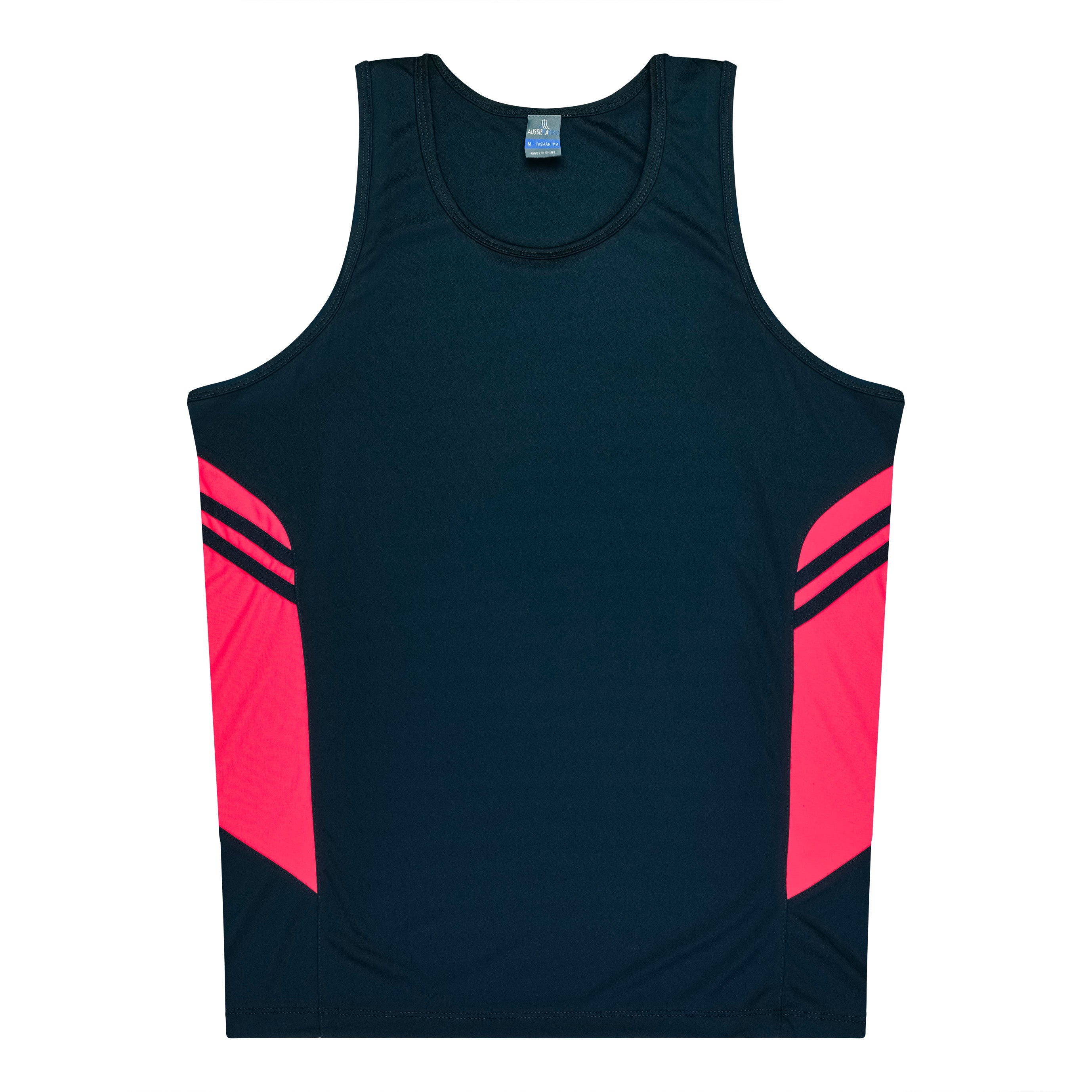 TASMAN MENS SINGLETS - NAVY/NEON PINK