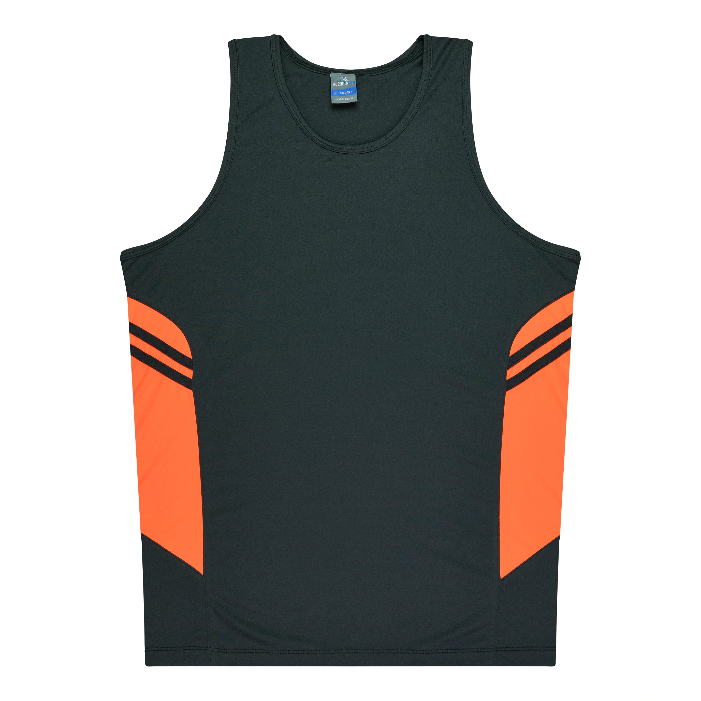 TASMAN MENS SINGLETS - SLATE/NEON ORANGE