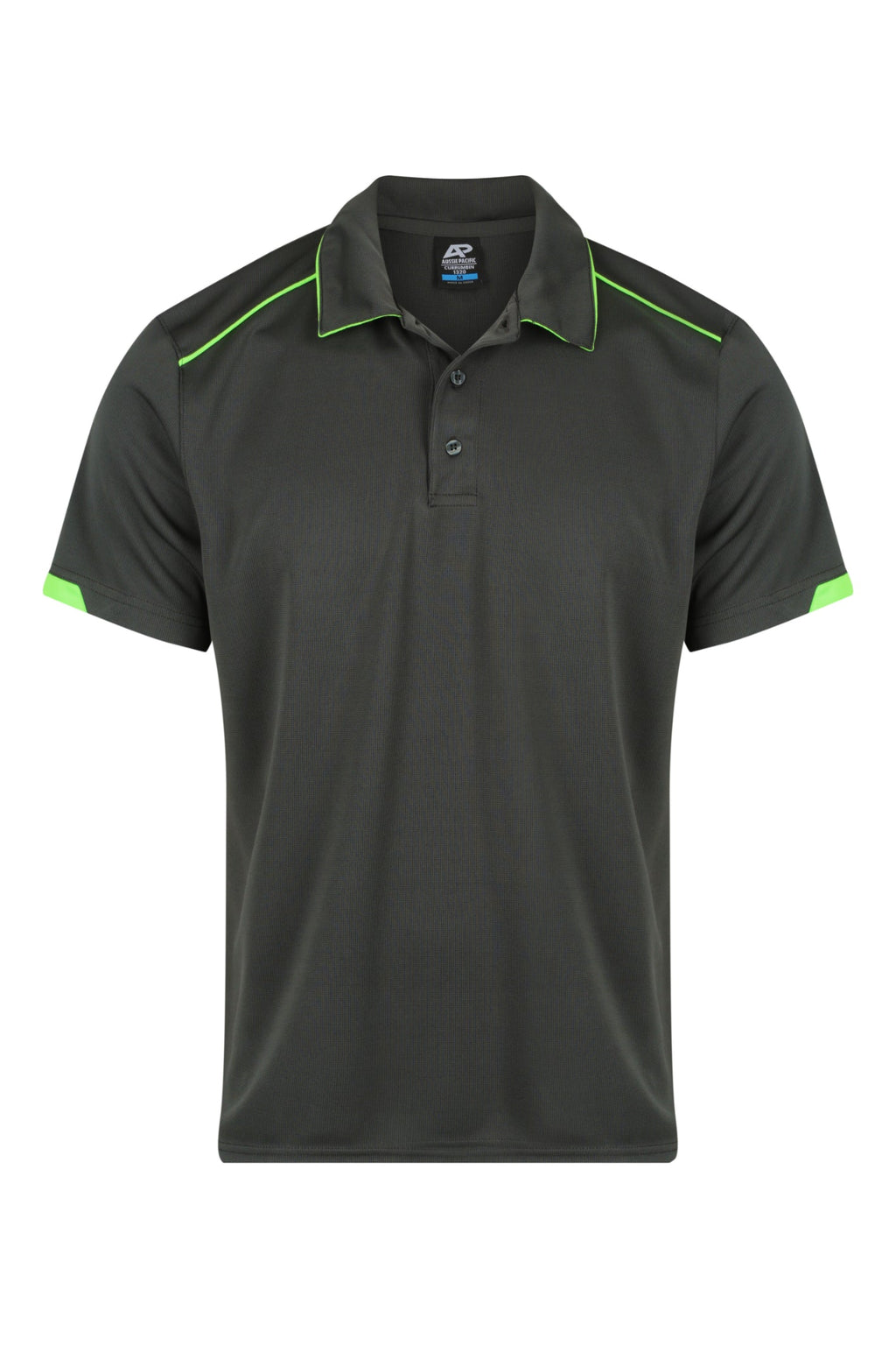 CURRUMBIN MENS POLOS - SLATE/HI VIZ GREEN