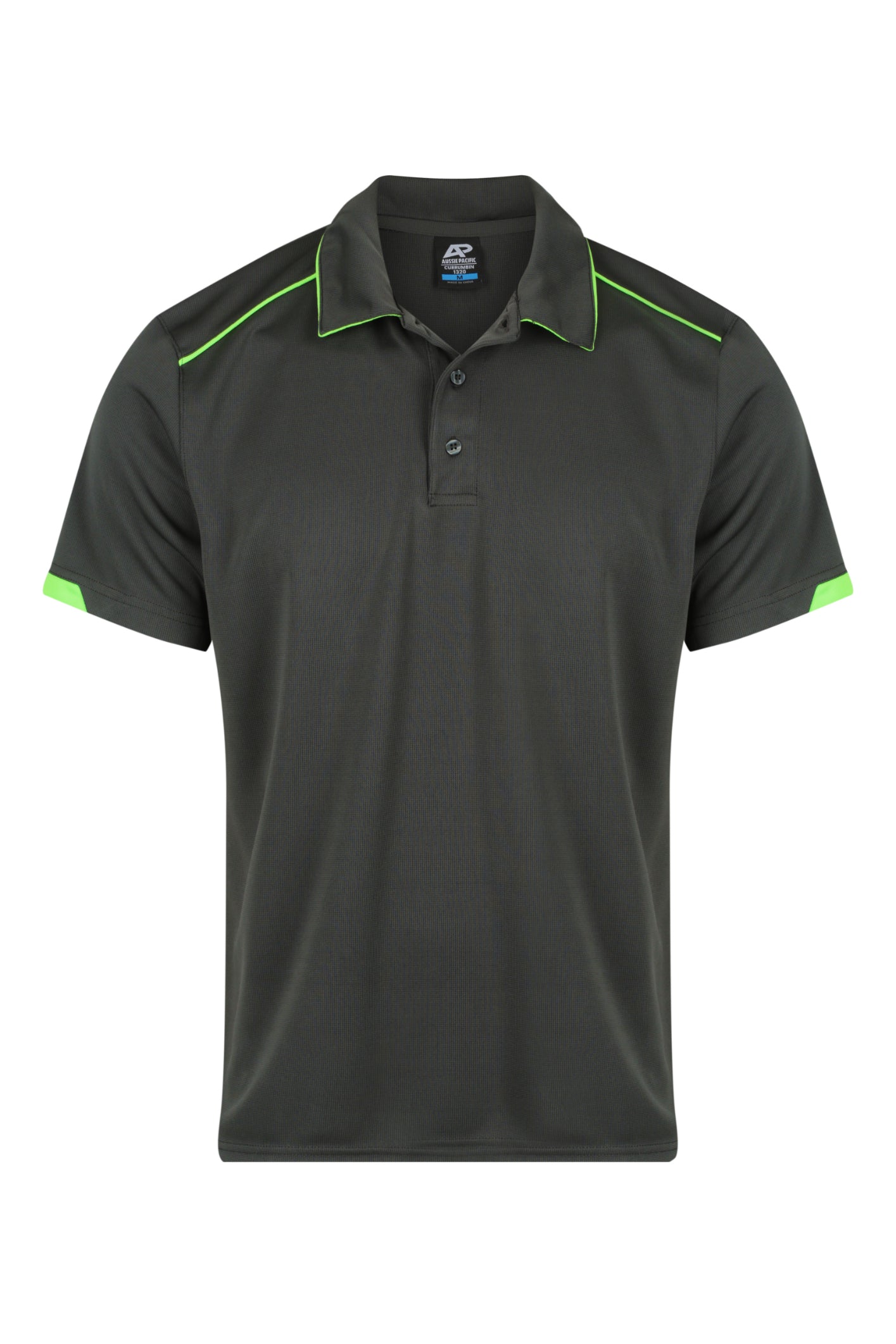 CURRUMBIN MENS POLOS - SLATE/HI VIZ GREEN