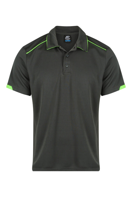CURRUMBIN MENS POLOS - SLATE/HI VIZ GREEN