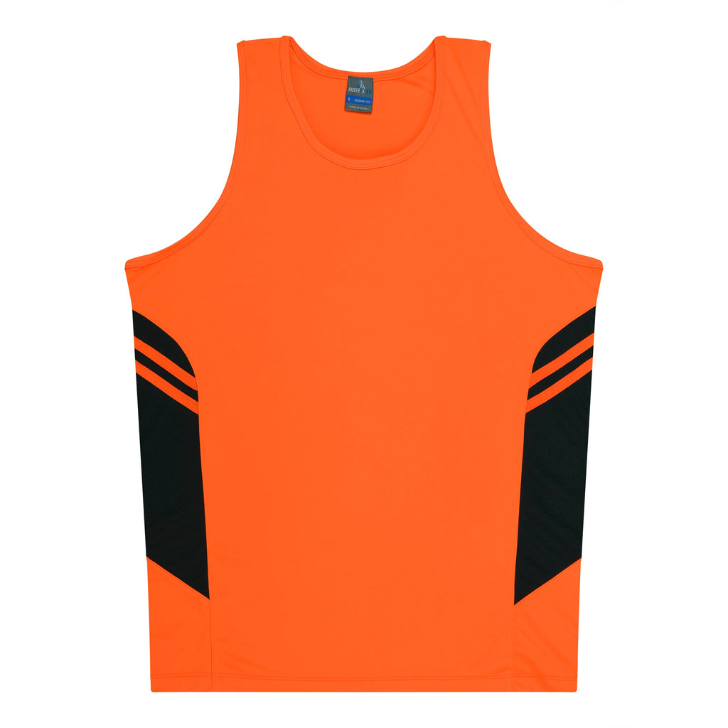 TASMAN MENS SINGLETS - NEON ORANGE/SLATE