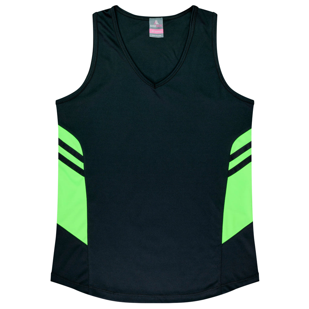 TASMAN LADY SINGLETS - BLACK/NEON GREEN