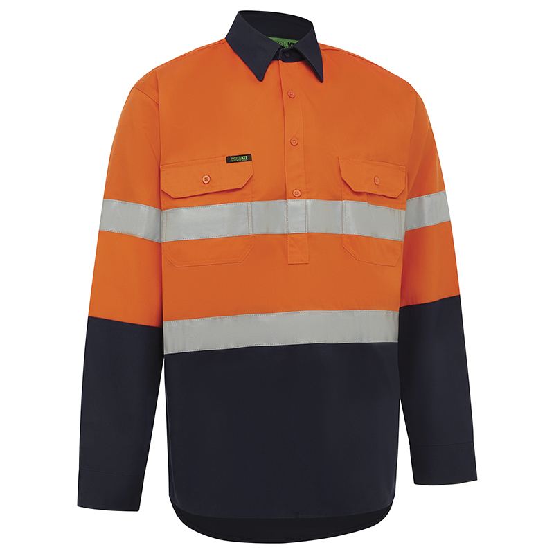 Hi Vis 2 Tone Lightweight Closed Front Long Sleeve Gussett Cuff Taped Shirt Orange/Navy