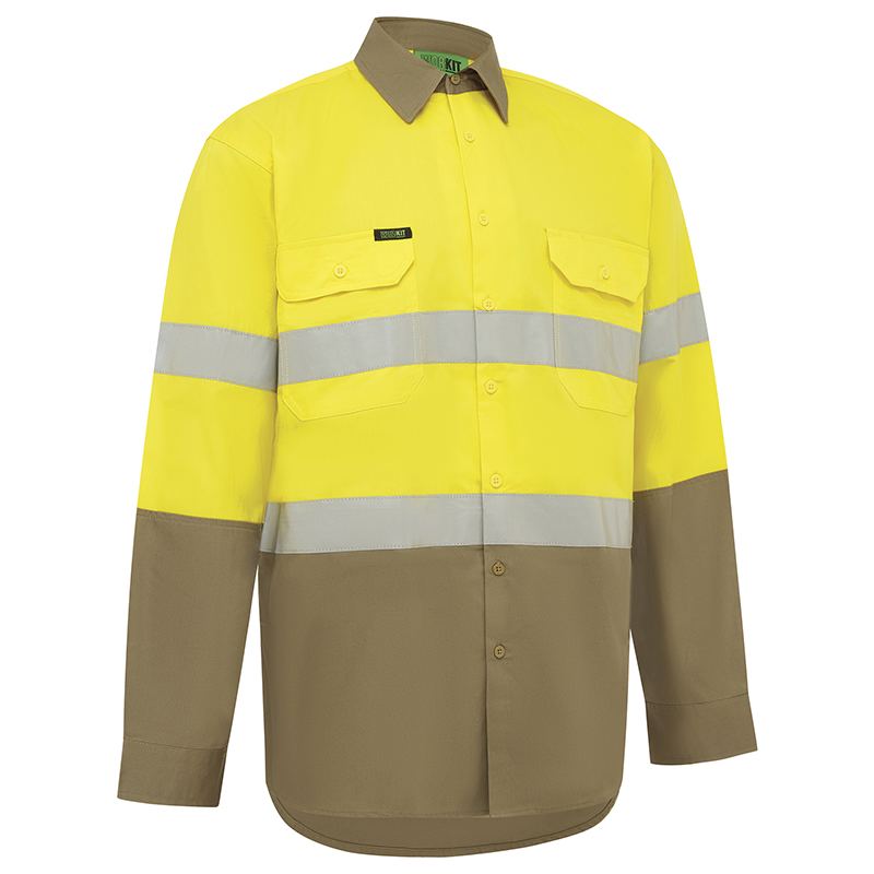 Hi Vis Lightweight Long Sleeve Adjustable Cuff Taped Shirt Yellow/Khaki