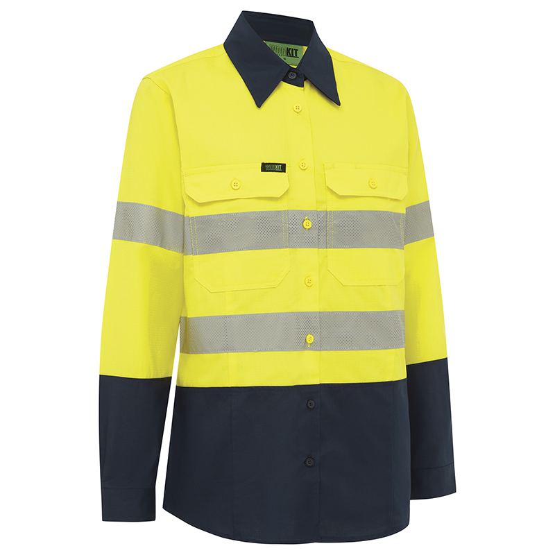 Hi Vis Womens 2 Tone Lightweight Ripstop Breathable Taped Shirt Yellow/Navy