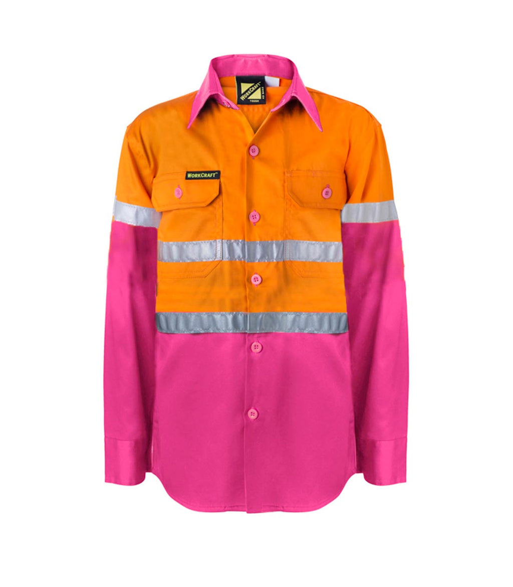 KIDS LIGHTWEIGHT HI VIS LONG SLEEVE REFLECTIVE COTTON DRILL SHIRT