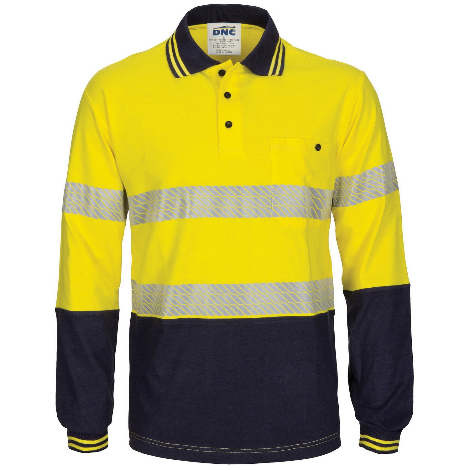 HIVIS Segment Tape Cotton Jersey Polo - Long Sleeve - Orange/Navy