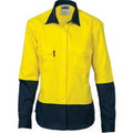 Ladies HiVis Two Tone Cott on
Drill Sh irt - Long Sleeve - Orange/Navy