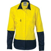 Ladies HiVis 2 Tone Cool-Breeze Cott on        Sh irt - Long Sleeve - Orange/Navy