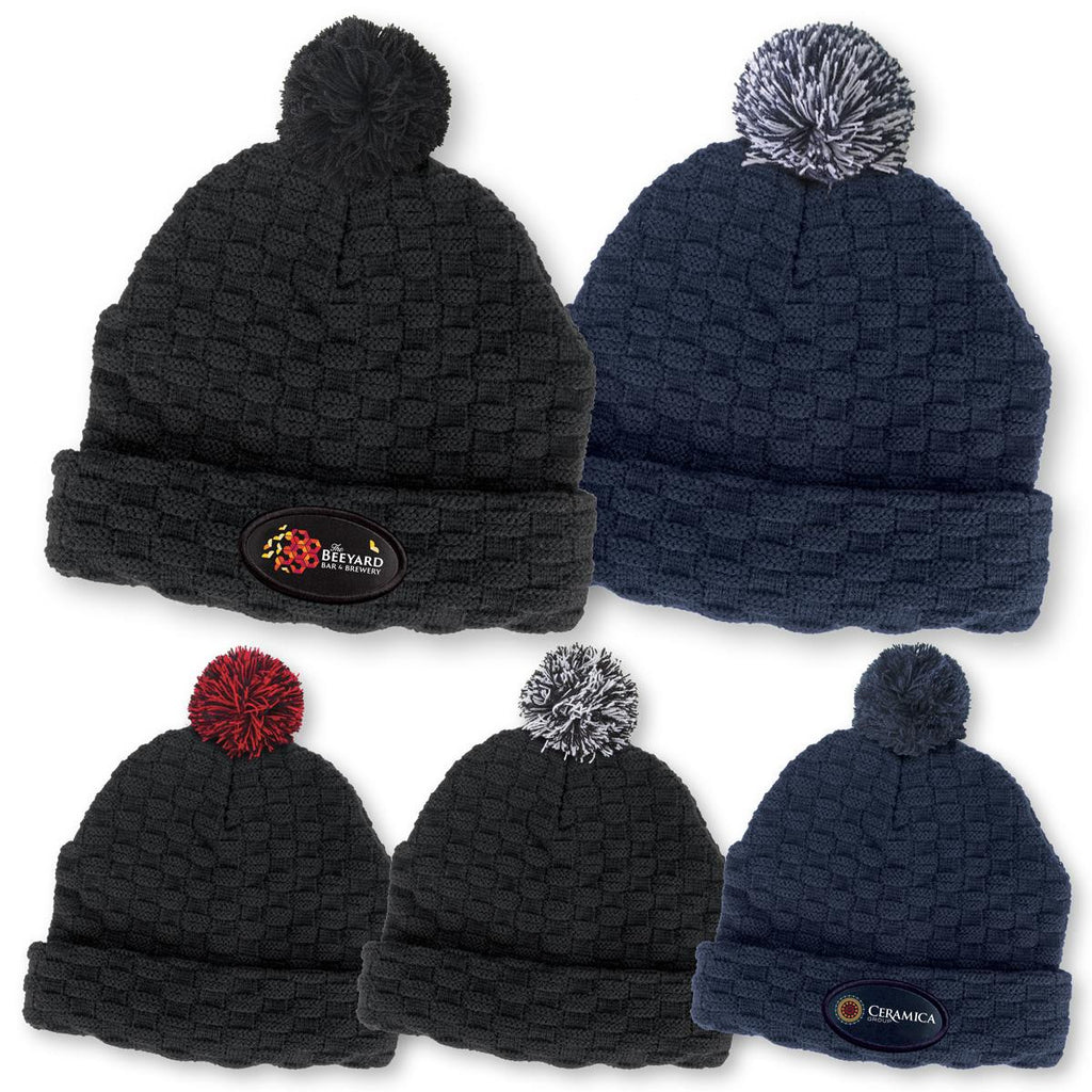 Pom Pom Beanie - Black / Black / Red