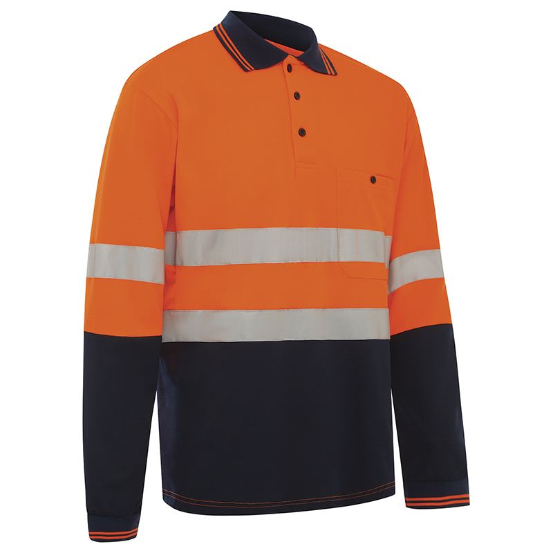 Hi Vis 2 Tone Long Sleeve Poly/Cotton Taped Polo Shirt Orange/Navy