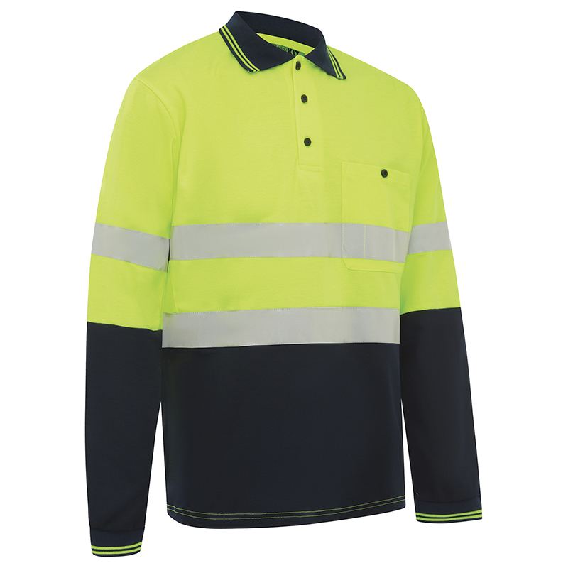 Hi Vis 2 Tone Long Sleeve Poly/Cotton Taped Polo Shirt Yellow/Navy