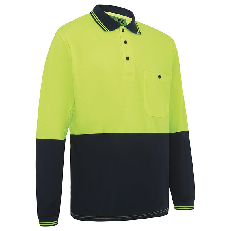 Hi Vis 2 Tone Long Sleeve Poly/Cotton Polo Shirt Yellow/Navy
