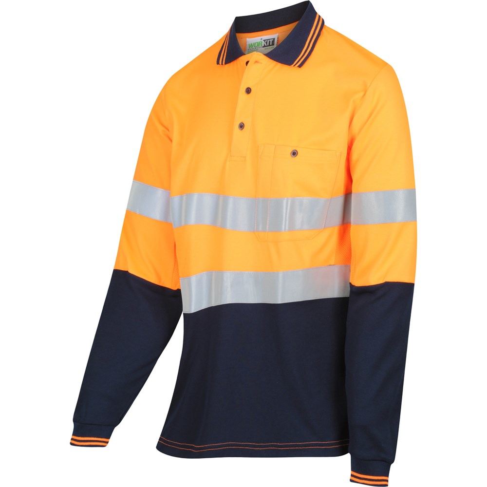 Womens Long Sleeve Poly Cotton Taped Polo Shirt Orange/Navy