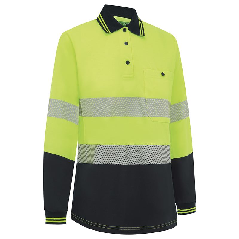 Womens Long Sleeve Poly Cotton Taped Polo Shirt Yellow/Navy