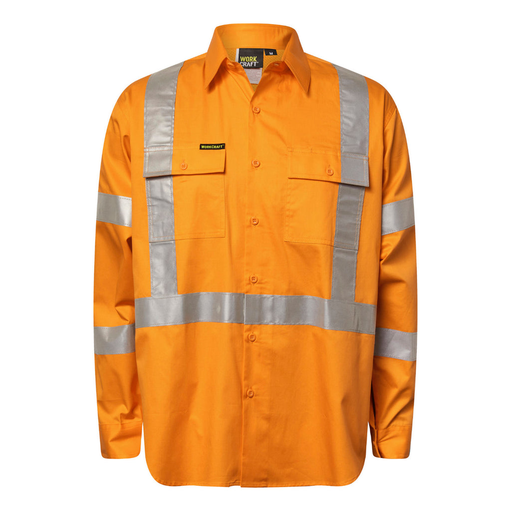 LIGHTWEIGHT HI VIS LONG SLEEVE VENTED COTTON DRILL REFLECTIVE SHIRT WITH X PATTERN – NSW RAIL COMPLIANT