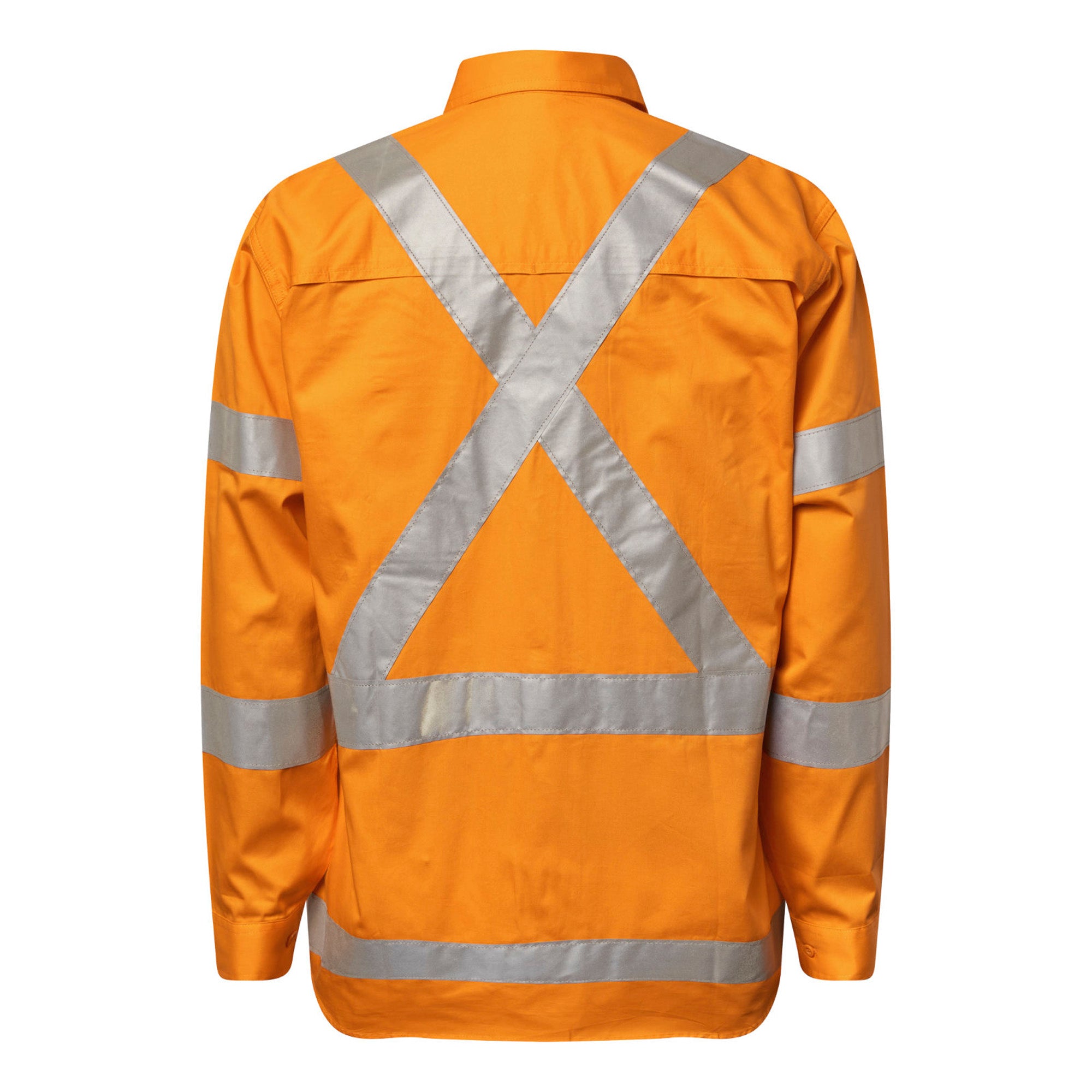LIGHTWEIGHT HI VIS LONG SLEEVE VENTED COTTON DRILL REFLECTIVE SHIRT WITH X PATTERN – NSW RAIL COMPLIANT