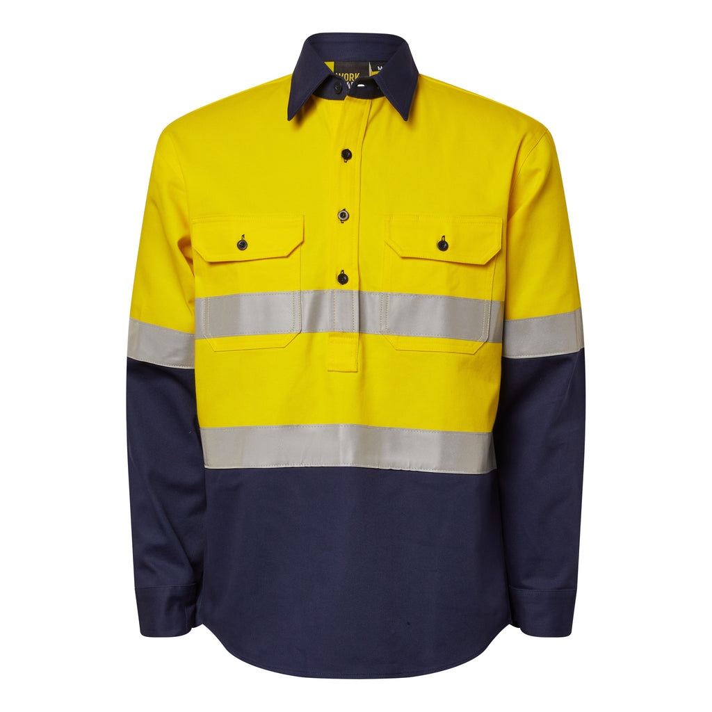HEAVY DUTY HYBRID HI VIS CLOSED FRONT COTTON DRILL REFLECTIVE SHIRT WITH GUSSET SLEEVES
