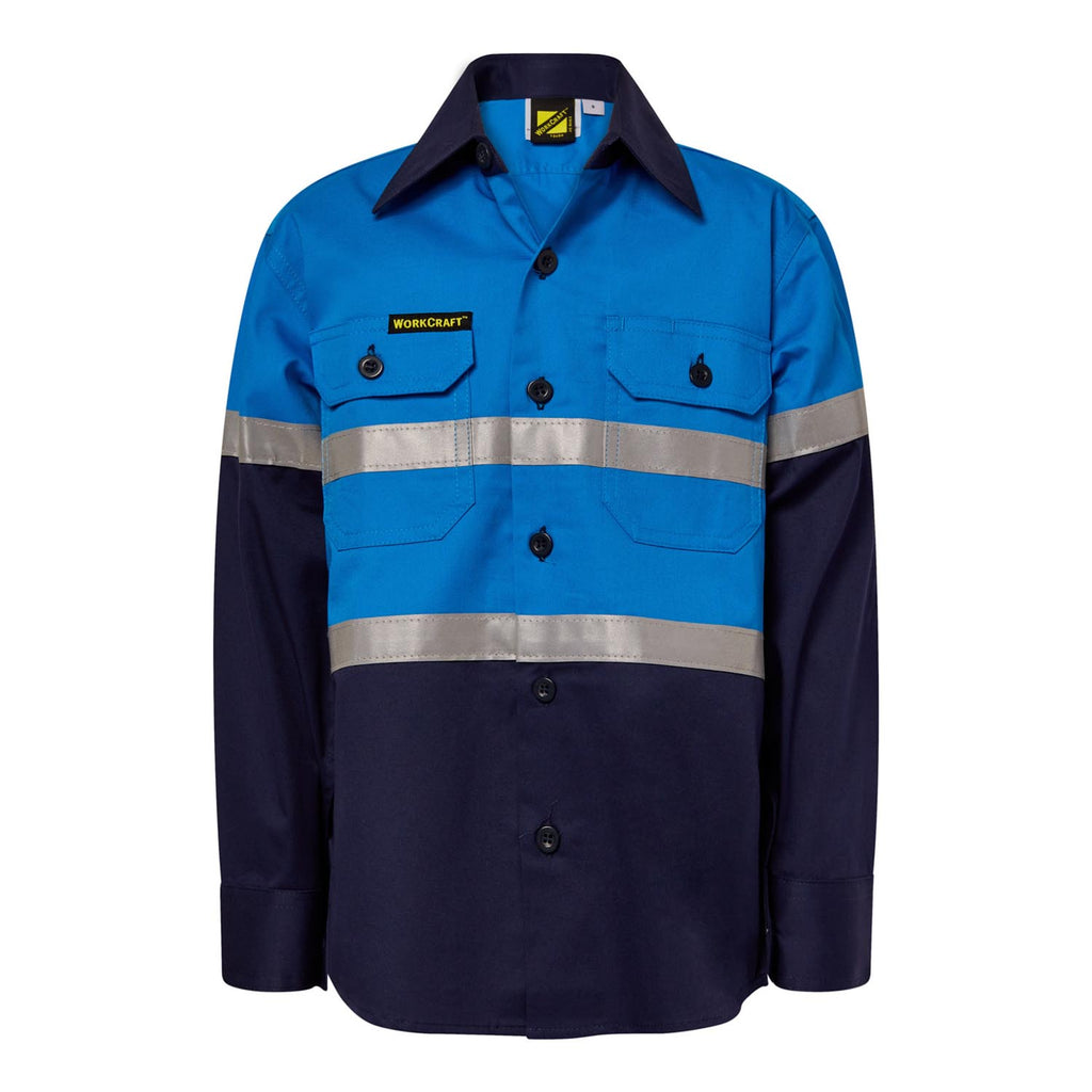KIDS LIGHTWEIGHT HI VIS LONG SLEEVE REFLECTIVE COTTON DRILL SHIRT